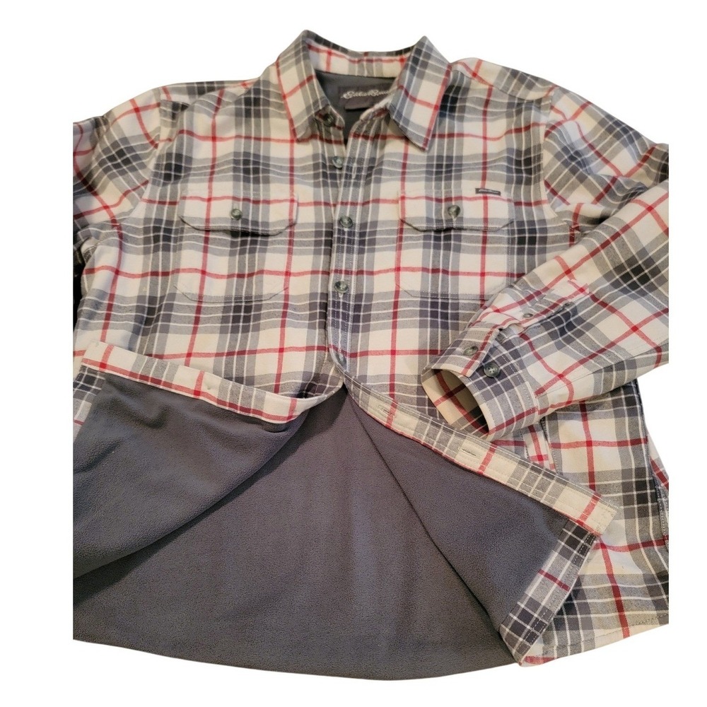 Eddie Bauer Mens Flannel Lined Shirt Jacket‎ Plaid Red Gray XL - Picture 3 of 8